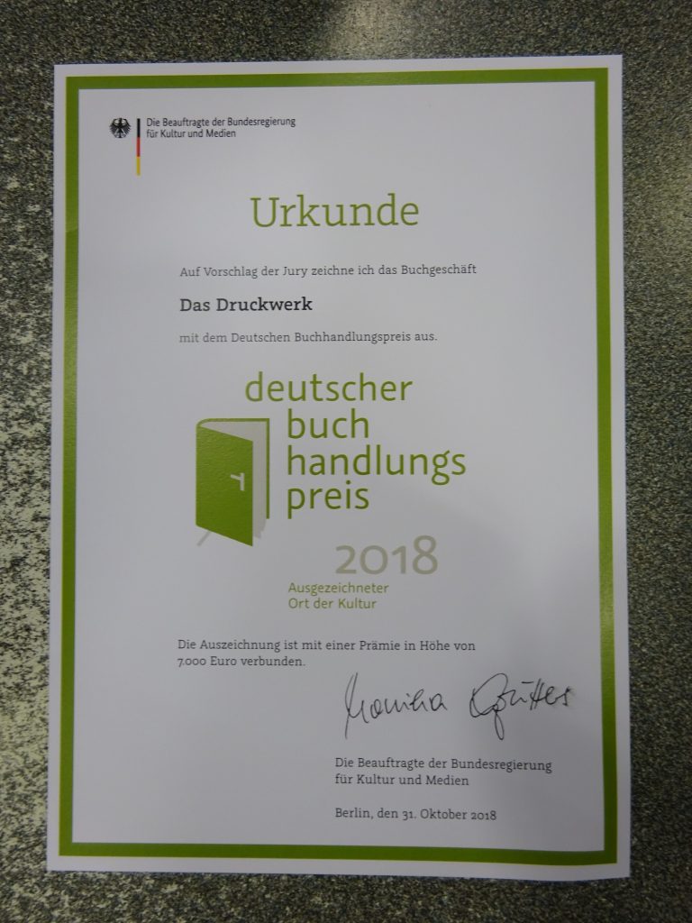 Die Urkunde des Buchhandlungspreises!